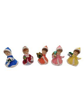 Set Of 5 Hand-Painted Ceramic Girl Christmas Figurines Colorful Holiday 4"